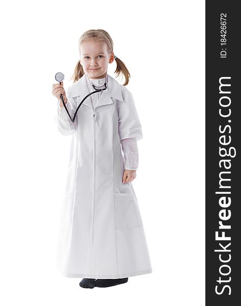 Little girl as a doctor isolated on white