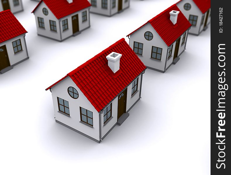 Group of houses with red roofs. Depth of field in the first house