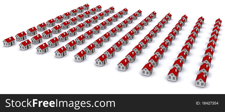 Group of houses with red roof. Perspective view