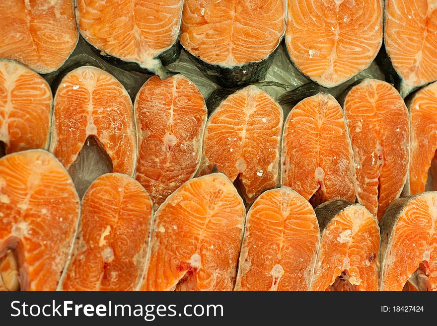 Many pieces of norwegian trout prepared