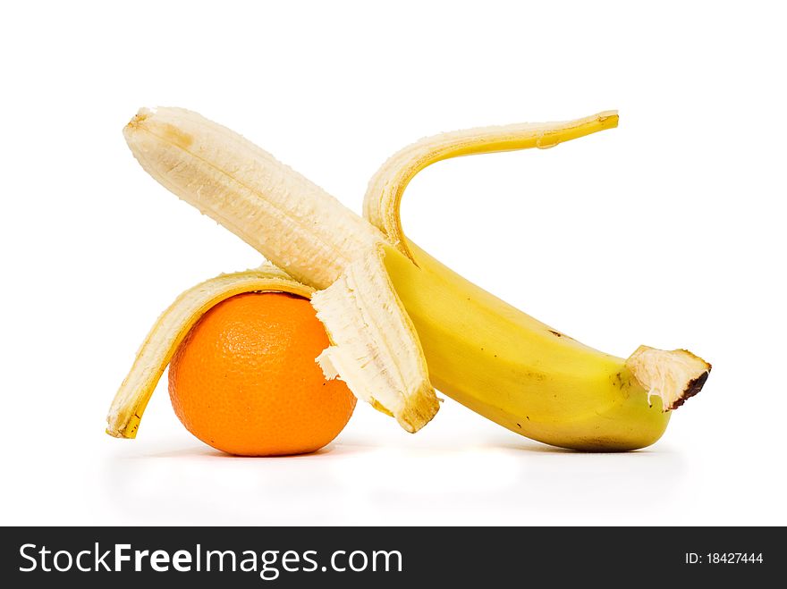 Peeled banana and mandarin orange