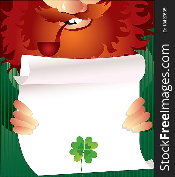 Vector illustration of leprechaun holding a paper list with shamrock. Vector illustration of leprechaun holding a paper list with shamrock