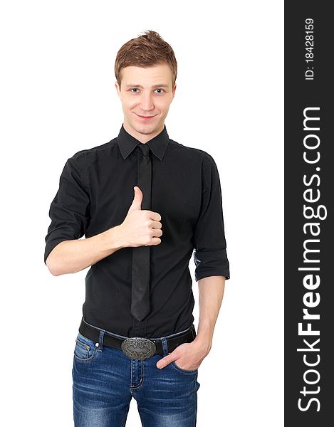 Happy casual young man showing thumb up on white background