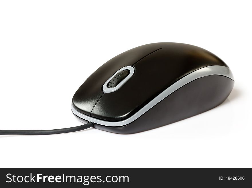 Close-up of black computer mouse over white background