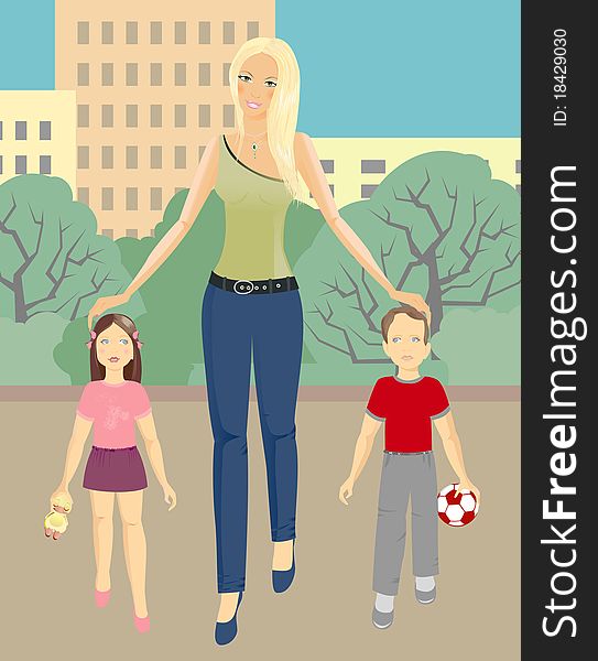 Mother with children walking in the city park. Happy kids. Mother with children walking in the city park. Happy kids.