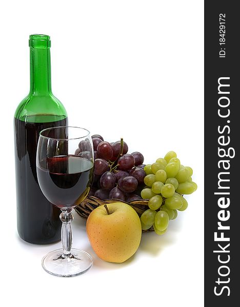 Wine and fruits on white background