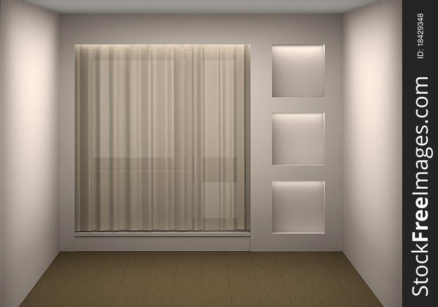 Empty white room with a curtain and a show-window