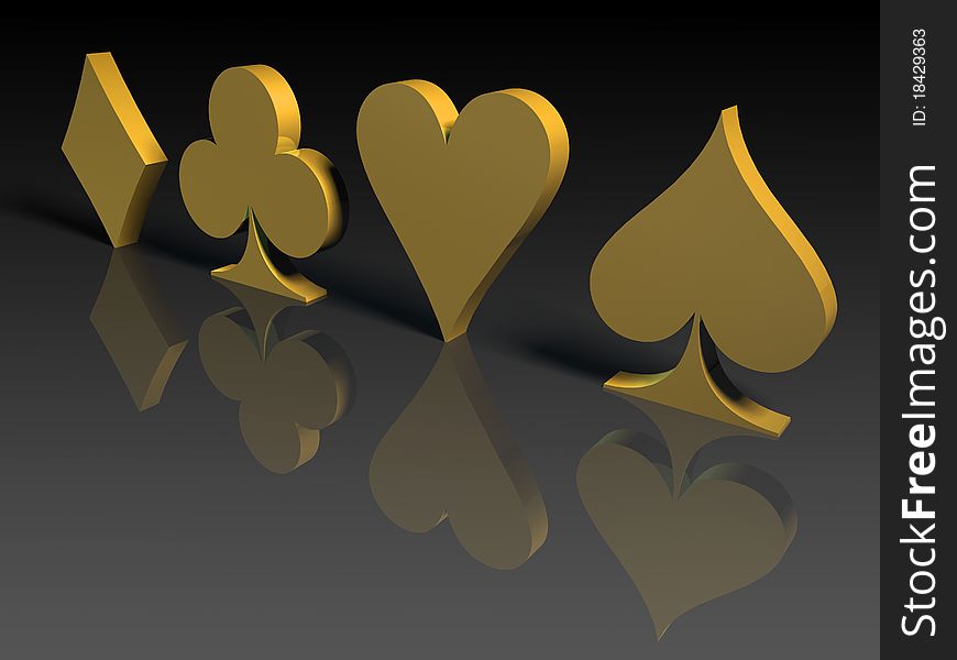 Golden card symbols over black background, 3d render