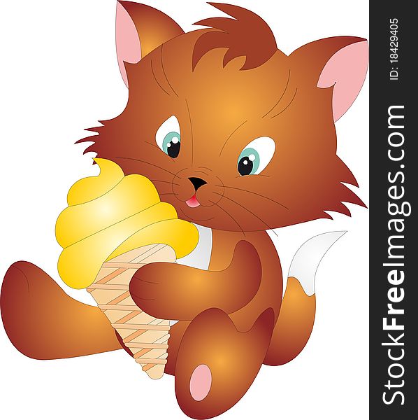 Cat with Ice Cream isolated on white background. Vector