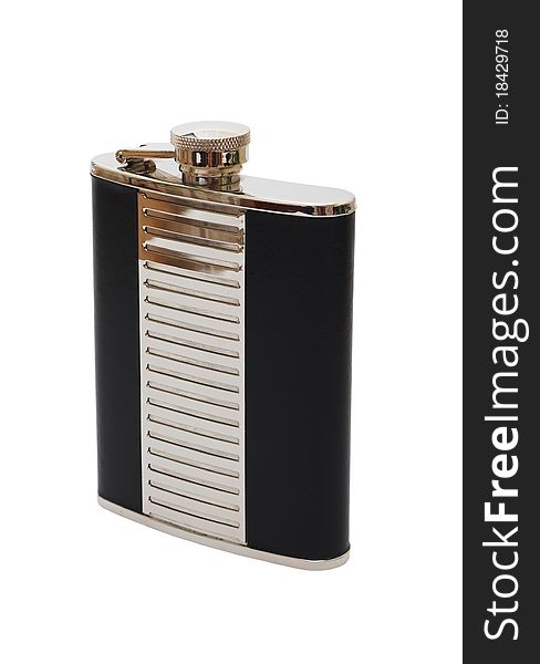 Chrome flask for drinks, decorated the skin on a white background (isolated). Chrome flask for drinks, decorated the skin on a white background (isolated).