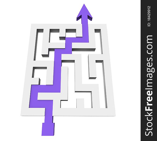 A labyrinth of transparent blocks through which the Violet arrow. 3d computer modeling