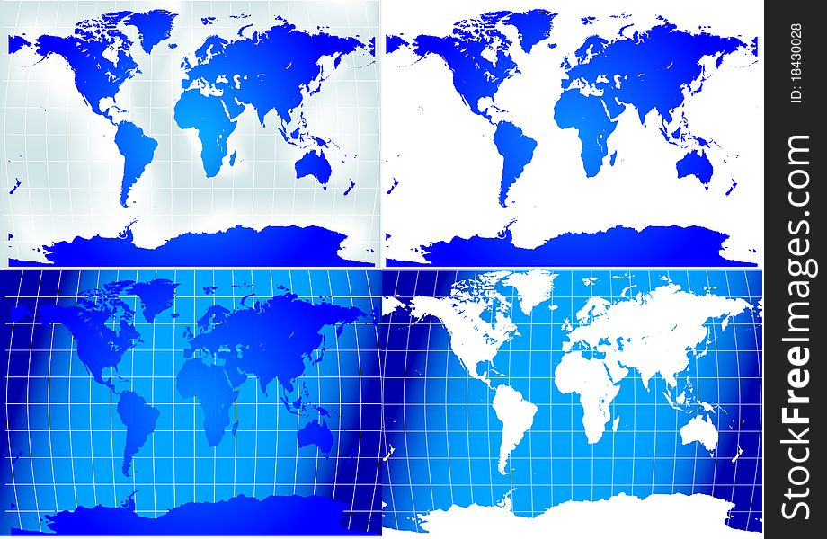 Illustration with four white and blue world maps