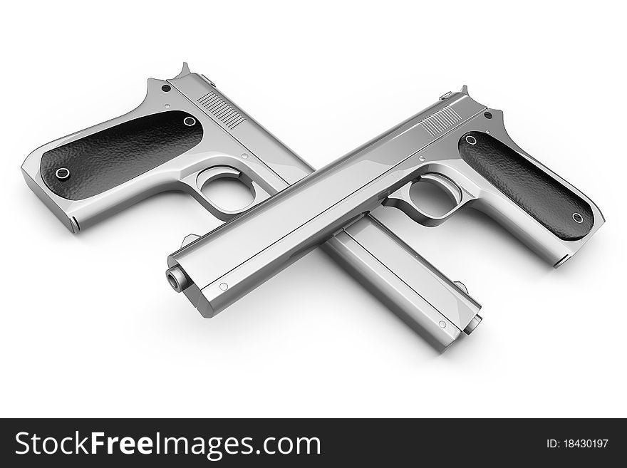 Two Colt pistol, crossed with each other and isolated on a white background. Two Colt pistol, crossed with each other and isolated on a white background