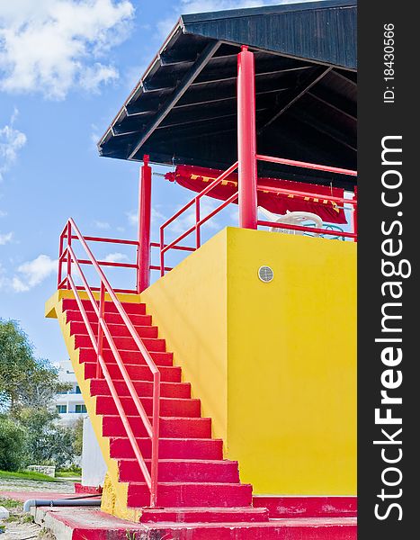 A typical Life Guard Tower at the beach. The towers were painted and covered with colorful mural artwork. A typical Life Guard Tower at the beach. The towers were painted and covered with colorful mural artwork.