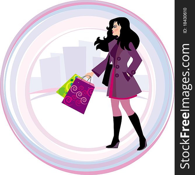 Vector illustration of brunette shopping girl