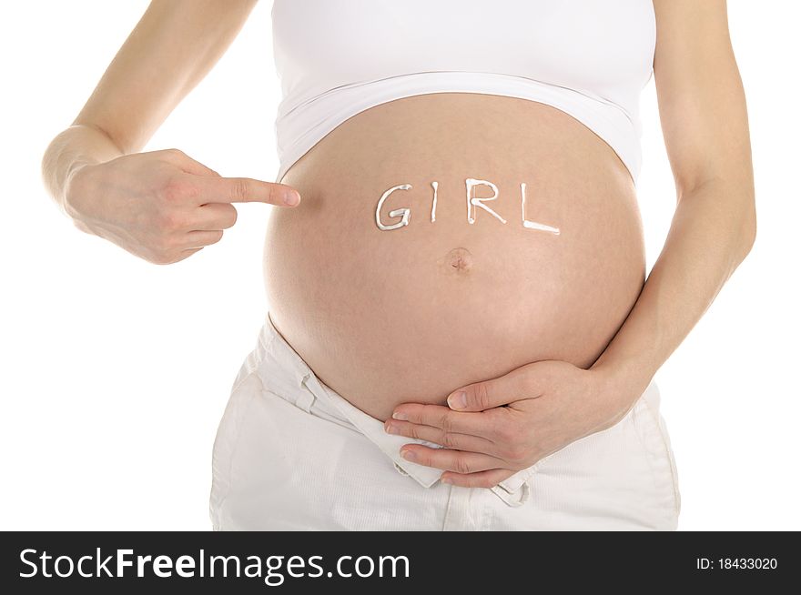 Stomachs of pregnant women with the inscription girl isolated on white
