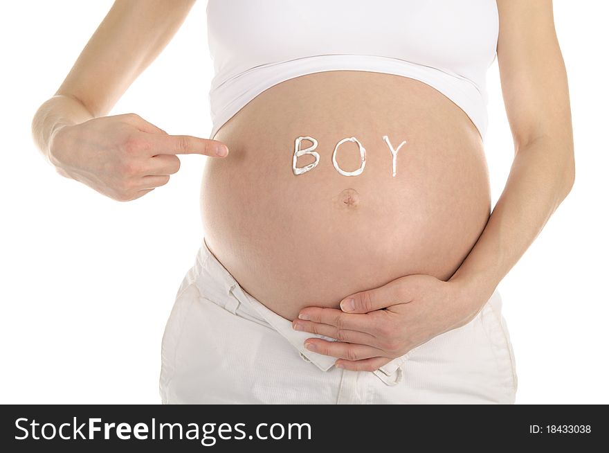 Stomachs of pregnant women with the inscription boy  isolated on white