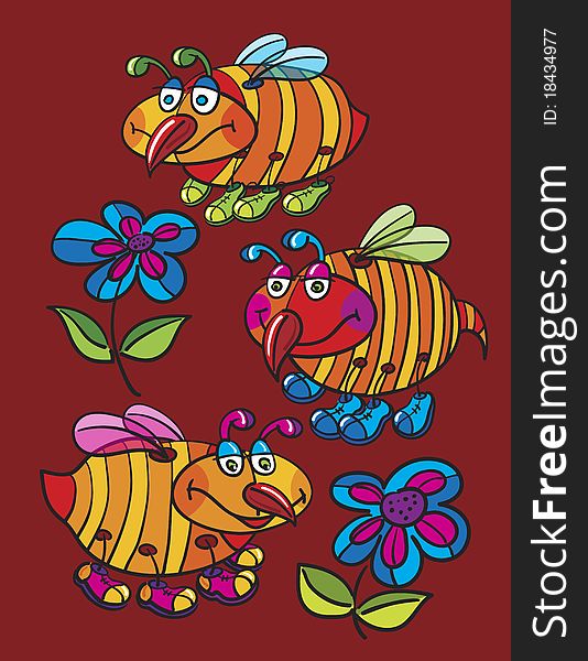 Bees and flowers cartoon, abstract vector art illustration