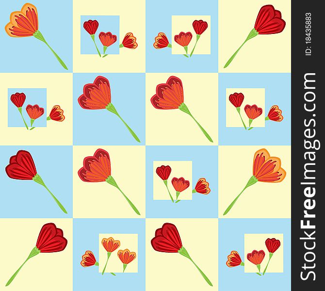 Repeated pattern with red and orange tulips. Repeated pattern with red and orange tulips