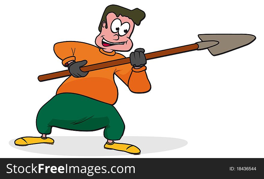 A simple illustration of a construction worker with a shovel in his hands while loading. A simple illustration of a construction worker with a shovel in his hands while loading.