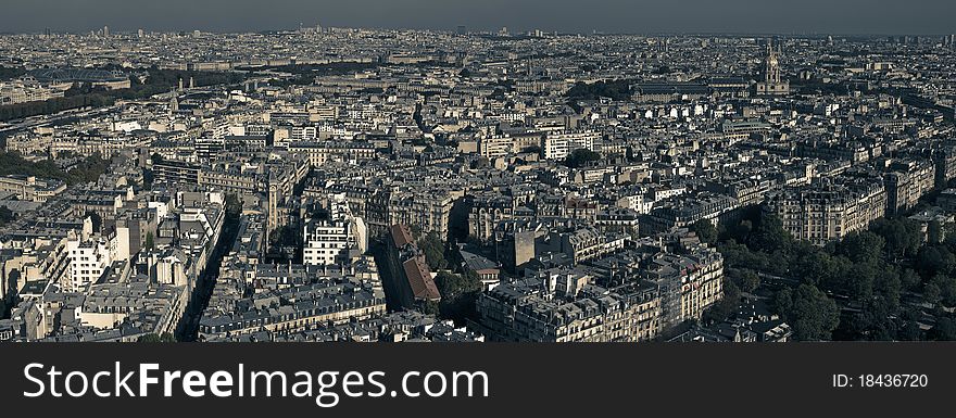 180 Panoramic shot of Paris France as seen from Eiffel tower in Vintage colors. 180 Panoramic shot of Paris France as seen from Eiffel tower in Vintage colors