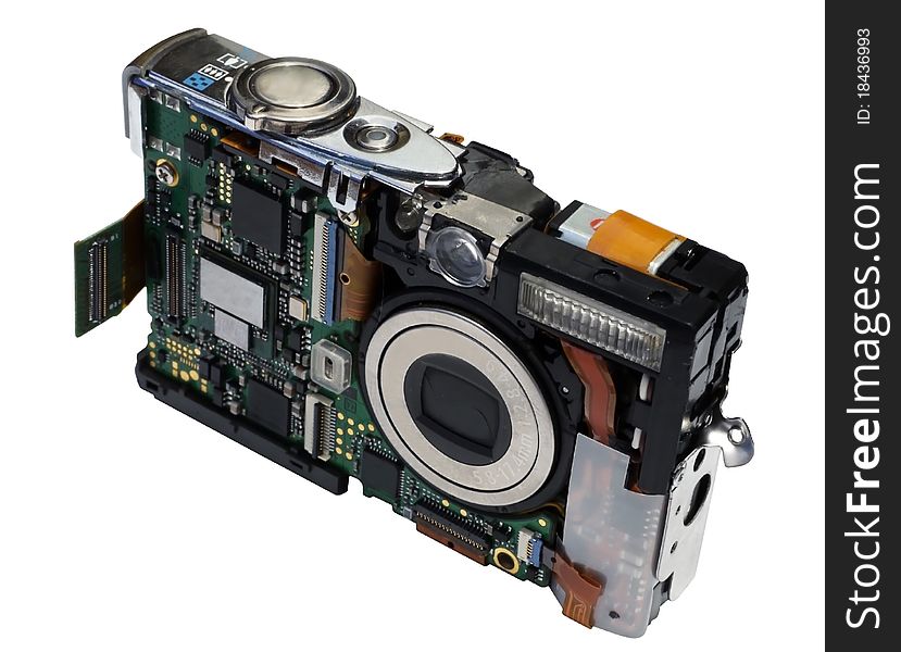 Digital camera in the disassembled kind on a white