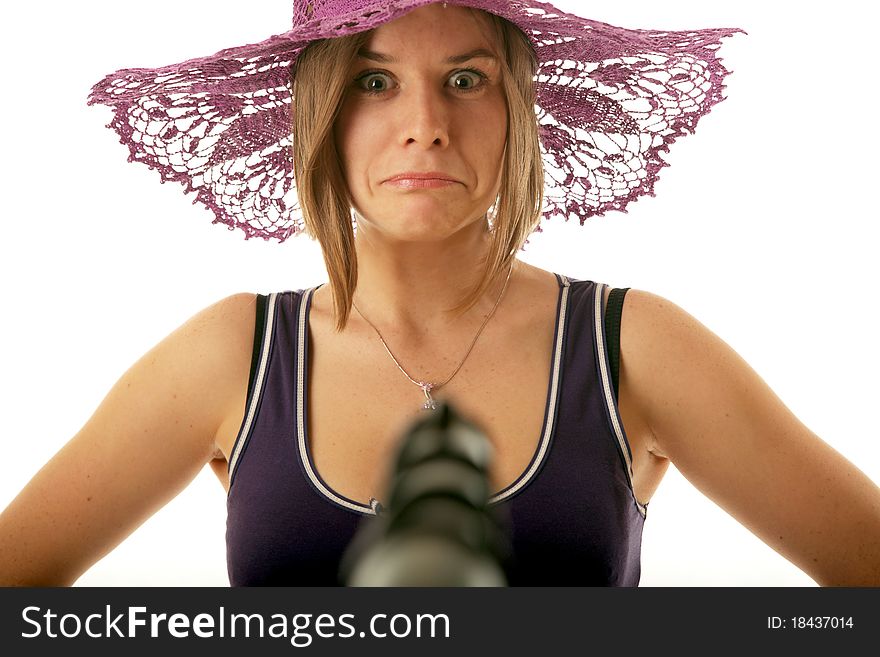 Woman With Gun Overpowered Thug, Isolated On White