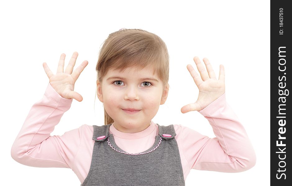 Little Girl Rises Hends Up And Shows Ten Fingers