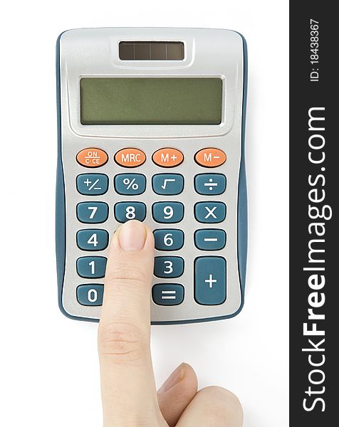 Calculator with hand isolated on white