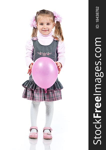 Pretty little girl with balloon over white