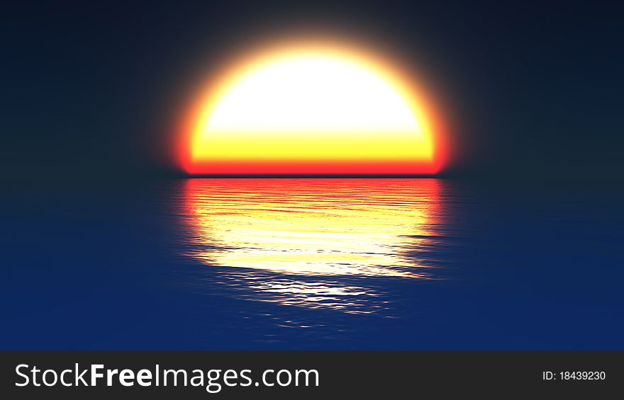 A computer generated image of a stylised setting sun at sea. A computer generated image of a stylised setting sun at sea