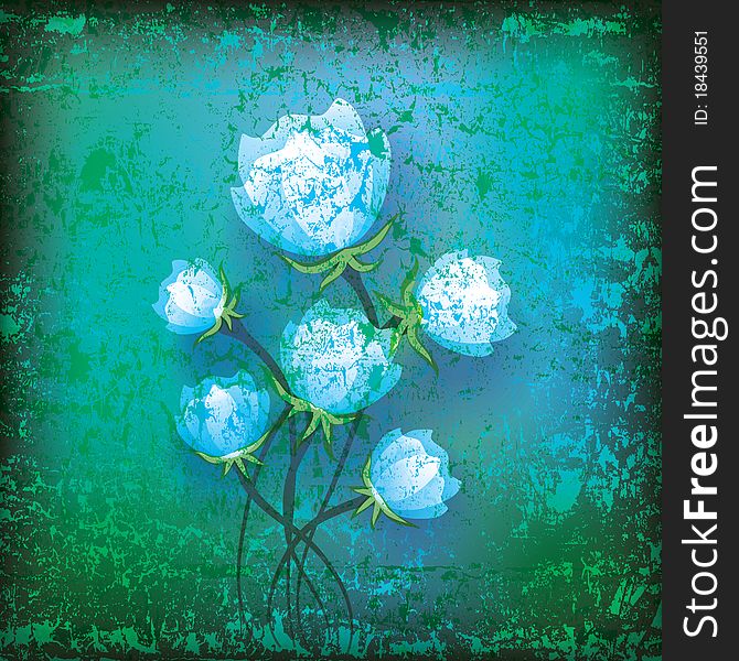 Abstract floral illustration with blue flowers on green background