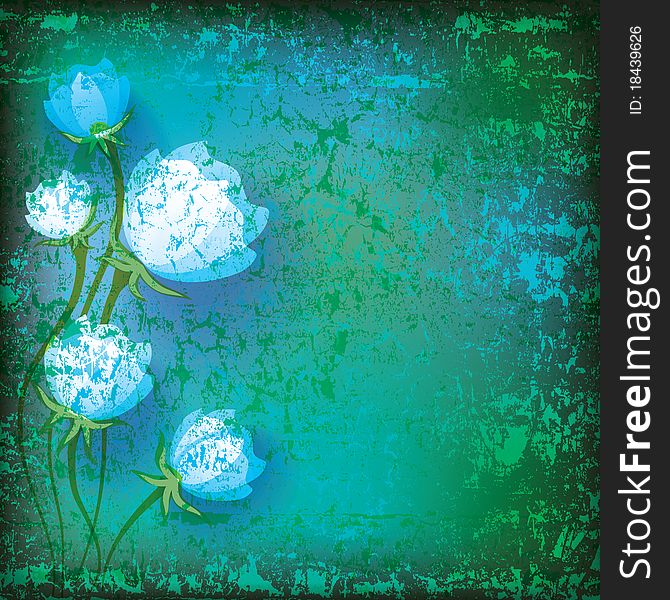 Abstract grunge illustration with blue flowers on green background. Abstract grunge illustration with blue flowers on green background