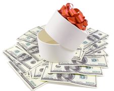 White Round Box With Banknotes Royalty Free Stock Photo