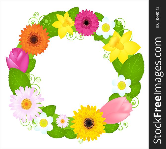 Wreath From Flowers And Leaves, Isolated On White Background, Vector Illustration. Wreath From Flowers And Leaves, Isolated On White Background, Vector Illustration