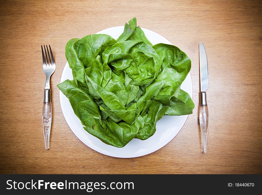 Fresh green lettuce served on plate symbolizing healthy diet. Fresh green lettuce served on plate symbolizing healthy diet