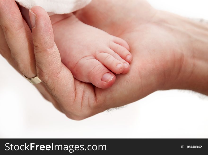 Baby leg in father's hand isolated