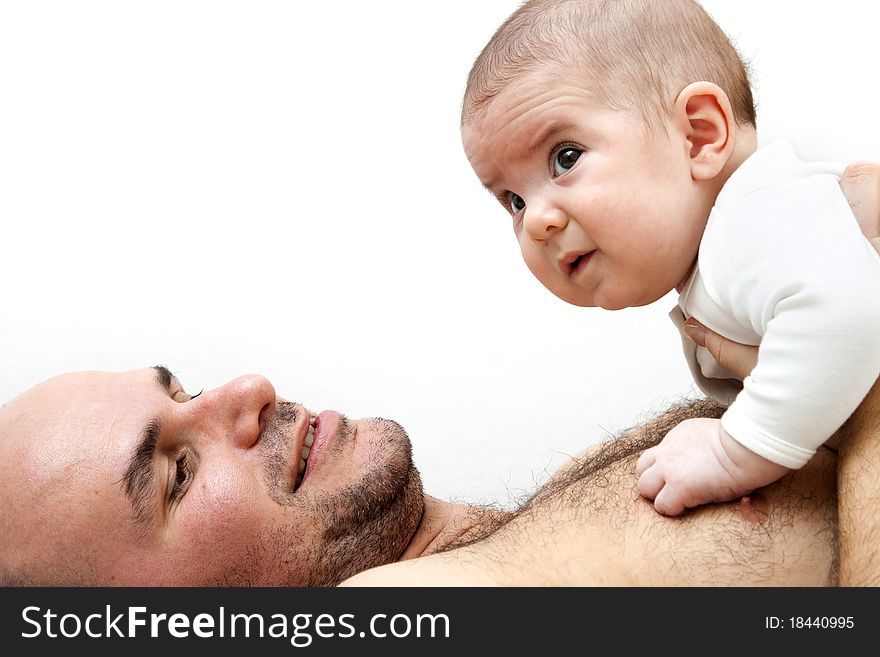 Adorable baby with father isolated