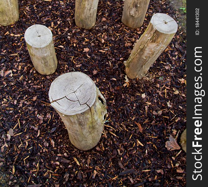 Logs standing in playground on brown ground