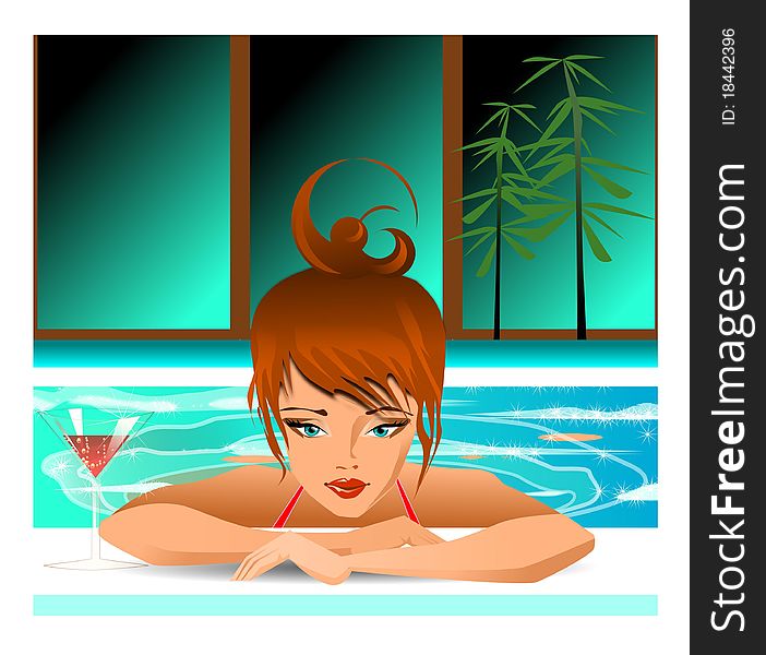 Illustration of a woman floating in the pool.