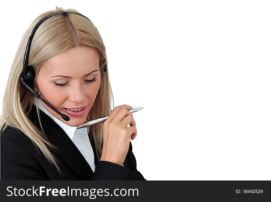 Business woman speak with headset