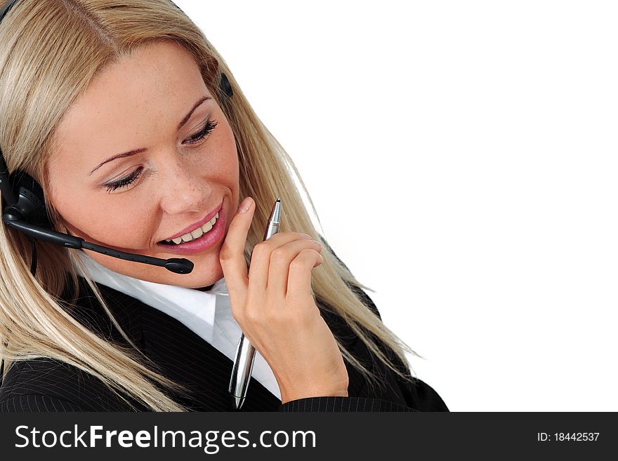 Business woman speak with headset