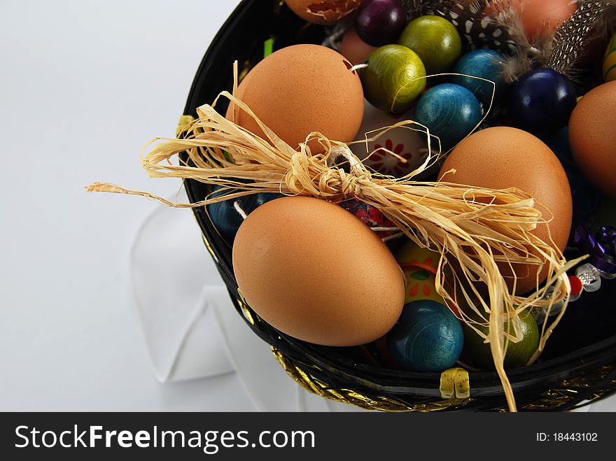 Detail colors easter eggs in basket. Detail colors easter eggs in basket