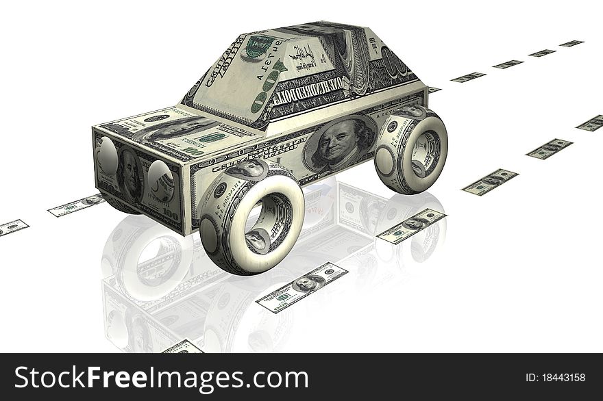 Car illustration with notes of dollars. Car illustration with notes of dollars