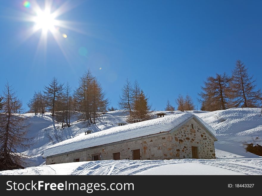 Farm in the North of Italian Alps during winter, Brixia province, Lombardy region, Italy. Farm in the North of Italian Alps during winter, Brixia province, Lombardy region, Italy