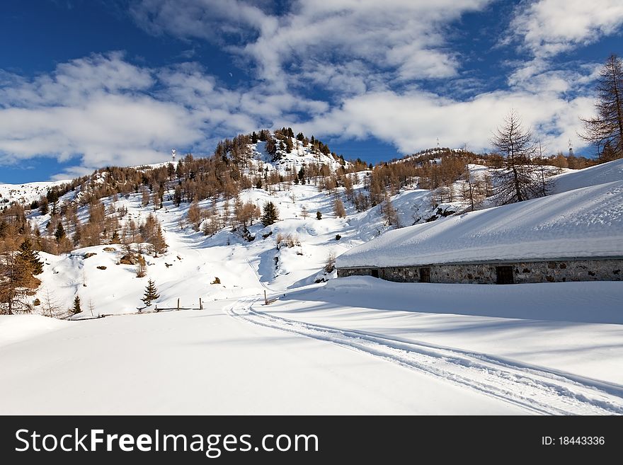 Farm in the North of Italian Alps during winter, Brixia province, Lombardy region, Italy. Farm in the North of Italian Alps during winter, Brixia province, Lombardy region, Italy