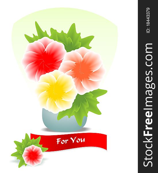 Glass with flowers and red ribbon with text For you, vector format. Glass with flowers and red ribbon with text For you, vector format