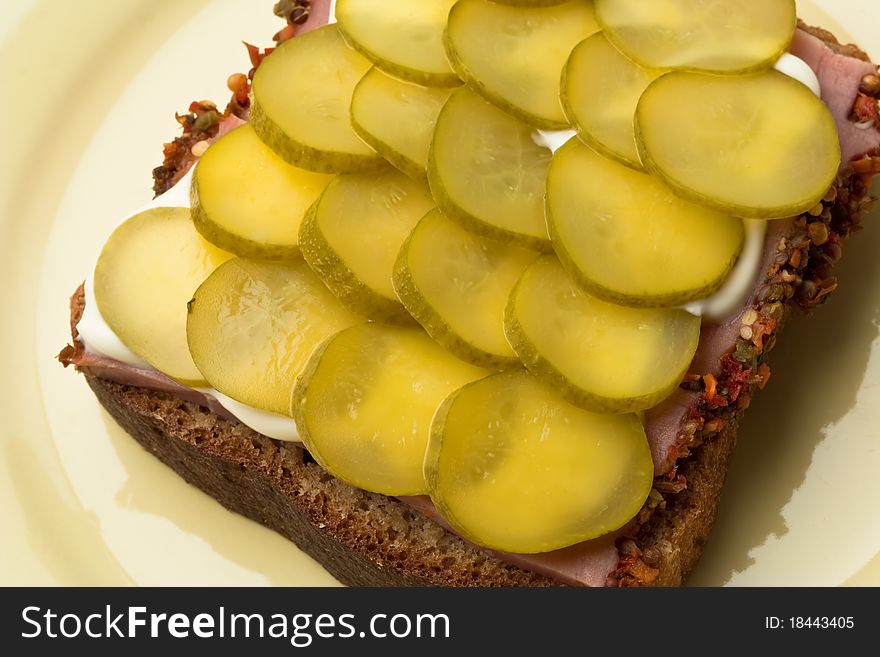 Open sandwich with brown bread, brown bread, pickled cucumber slices and mayonnaise. Open sandwich with brown bread, brown bread, pickled cucumber slices and mayonnaise.