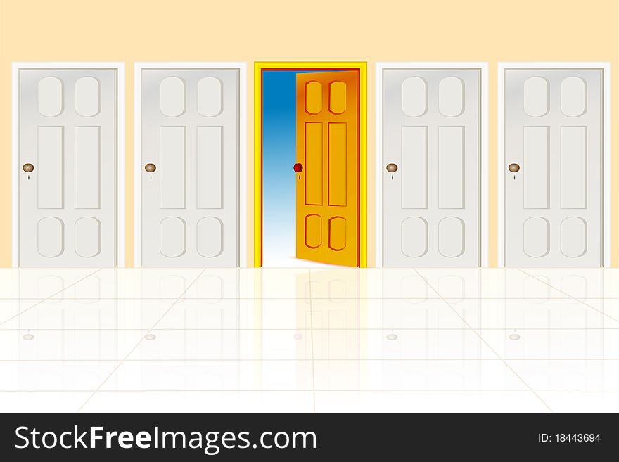 Illustration of several doors on white background