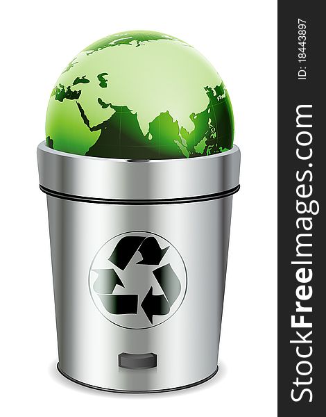 Illustration of recycle bin with globe on white background